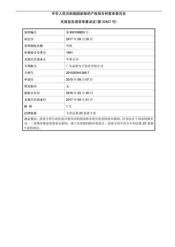 蘋果VS品勝「耳機」外觀設計專利無效決定書