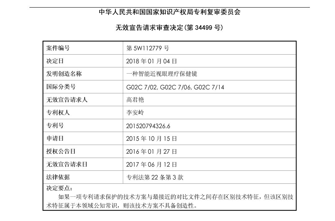 「一種智能近視眼理療保健鏡」無(wú)效宣告決定書(shū)