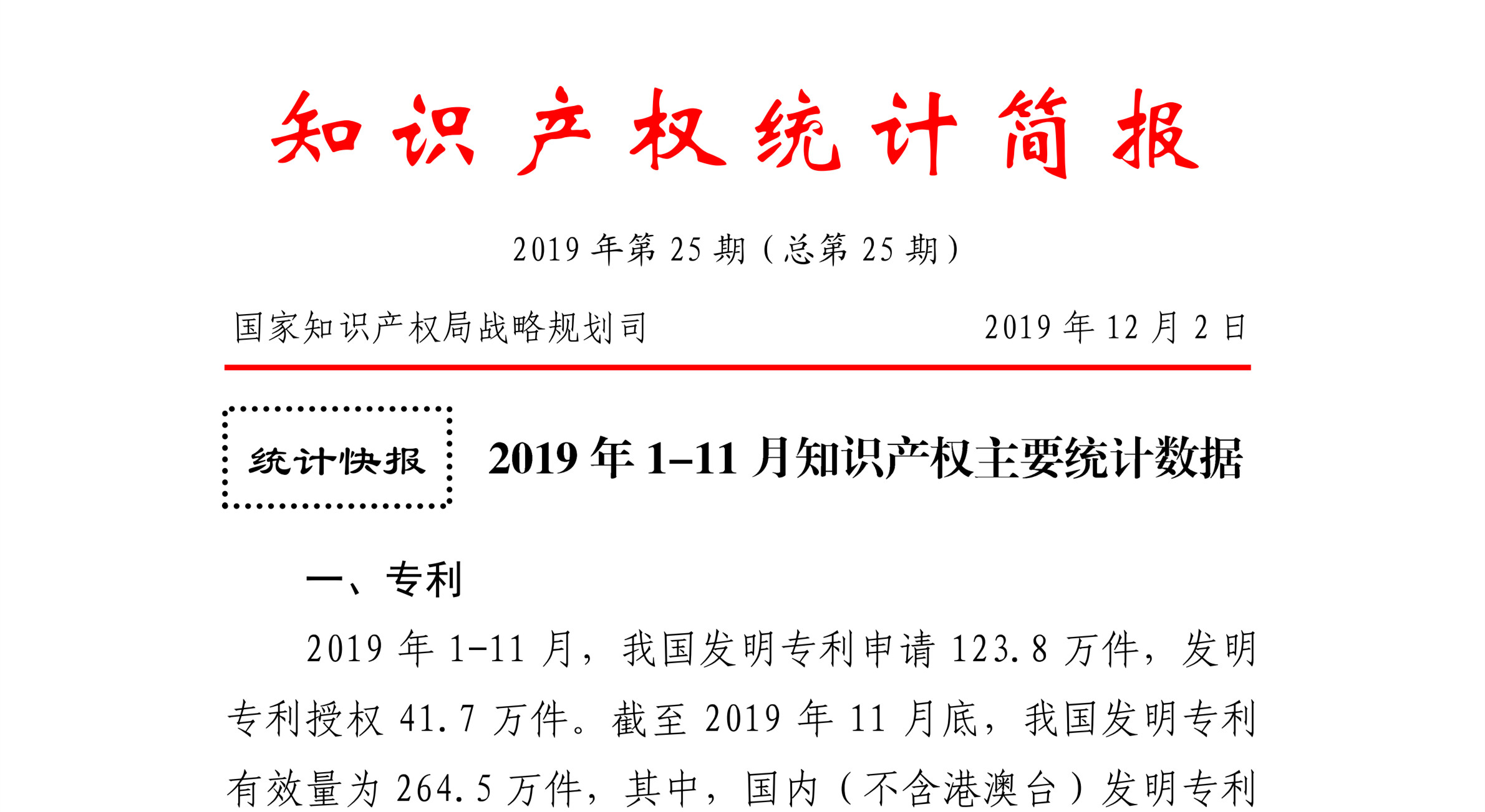 國知局發(fā)布2019年1-11月「專利、商標、地理標志」統(tǒng)計數(shù)據(jù)