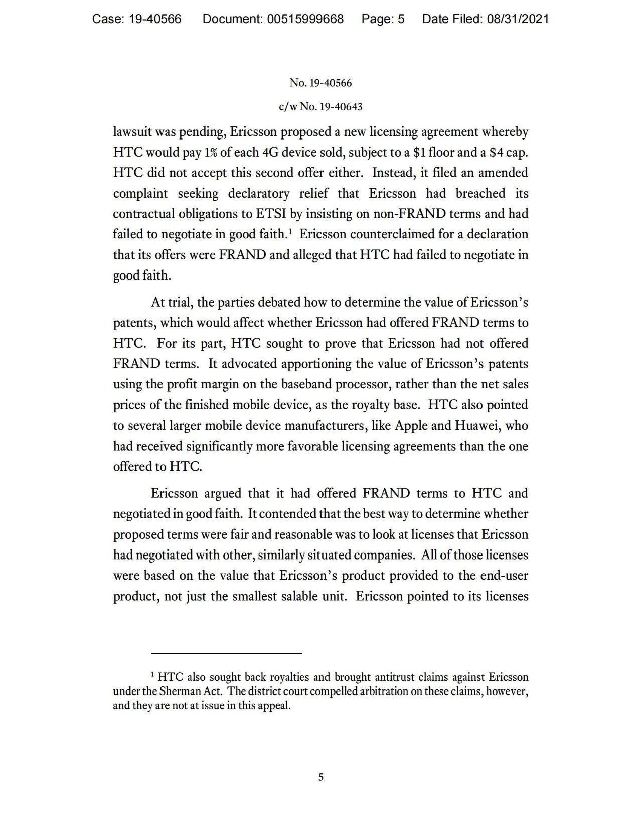 美國第五巡回上訴法院二審判決認定愛立信符合FRAND承諾