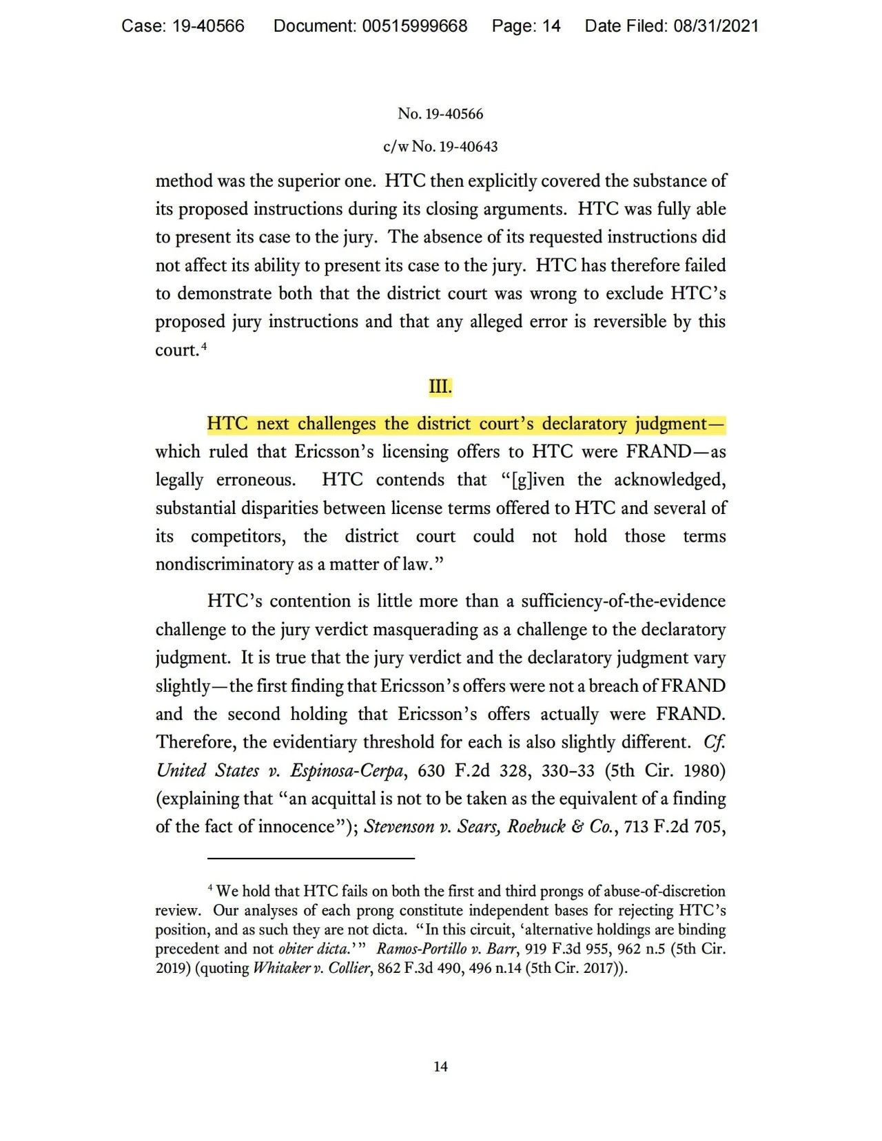 美國第五巡回上訴法院二審判決認定愛立信符合FRAND承諾