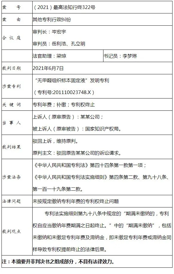 未繳足專利年費或滯納金導致專利權(quán)終止，是否合理合法？（附判決書）