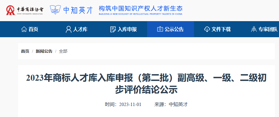 2023年商標(biāo)人才庫入庫申報(bào)（第二批）副高級(jí)98人，一級(jí)634人，二級(jí)665人丨附名單