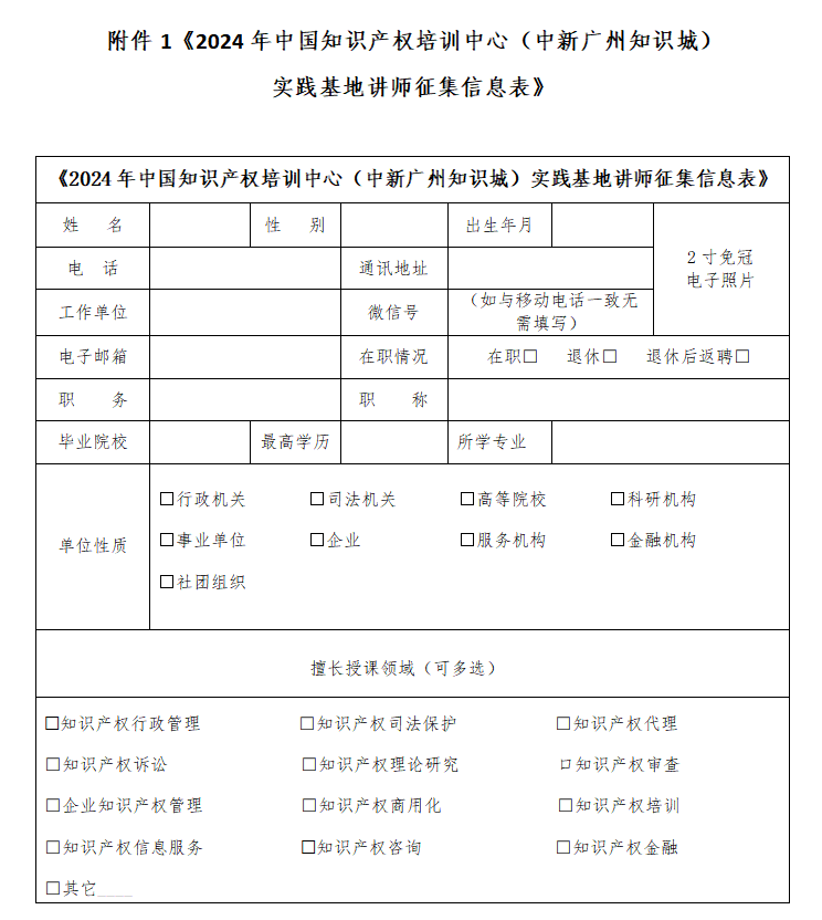 中國知識產(chǎn)權培訓中心（中新廣州知識城）實踐基地講師征集公告！