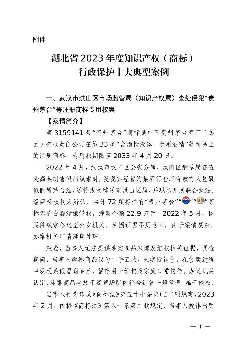 湖北省2023年度知識產(chǎn)權(quán)（商標(biāo)）行政保護十大典型案例發(fā)布！