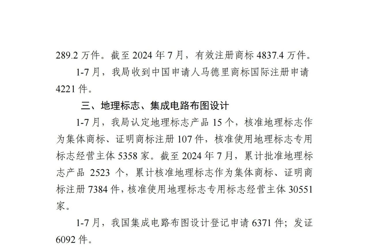 2024年1-7月專(zhuān)利、商標(biāo)、地理標(biāo)志等知識(shí)產(chǎn)權(quán)主要統(tǒng)計(jì)數(shù)據(jù) | 附數(shù)據(jù)詳情