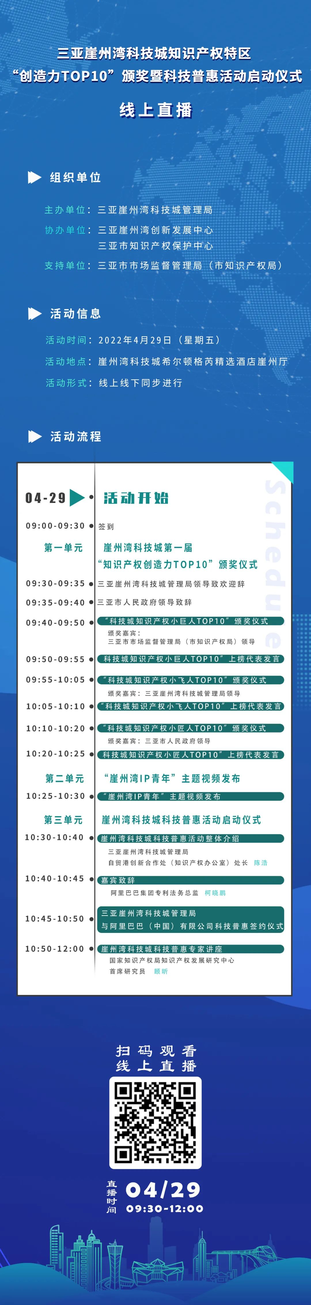 今日9:30直播！三亞崖州灣科技城知識(shí)產(chǎn)權(quán)特區(qū)“創(chuàng)造力TOP10”頒獎(jiǎng)暨科技普惠活動(dòng)啟動(dòng)儀式來(lái)了